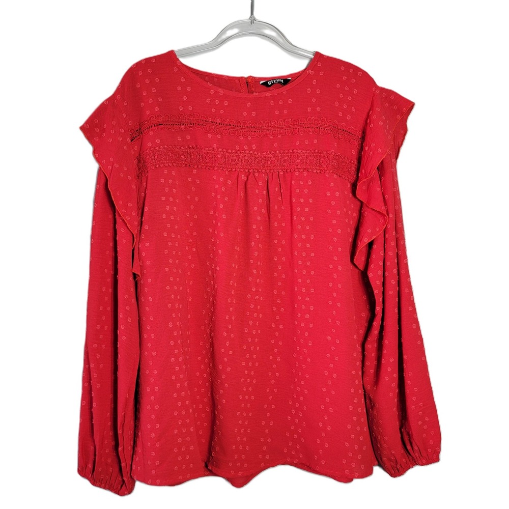 BTFBM‎ Womens Red Swiss Dot Lace Trim Long Sleeve Blouse Top Plus Size XXL